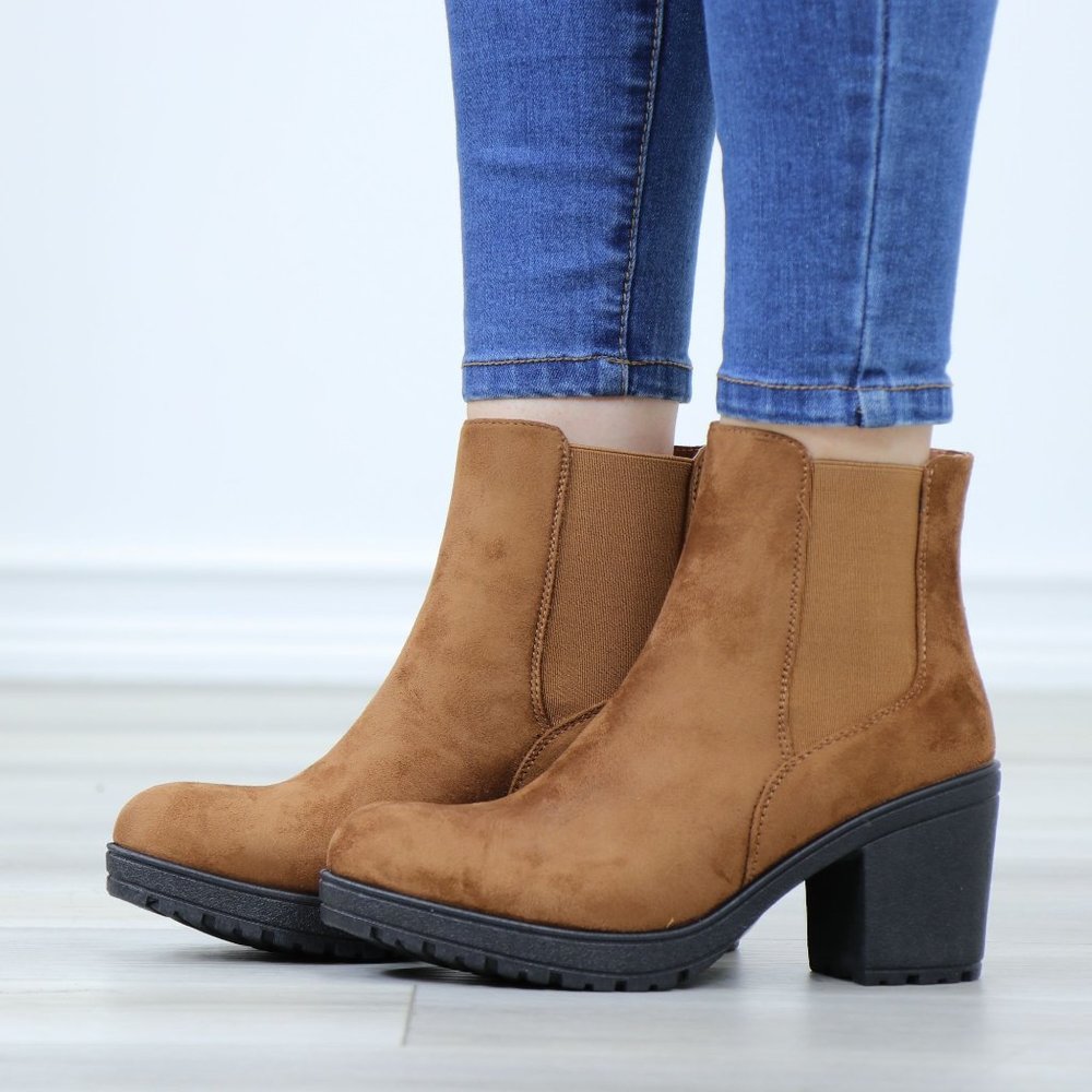 Chelsea Chunky Block High Heel Above Ankle Boots Brown Synthetic Suede - Picture 12 of 12